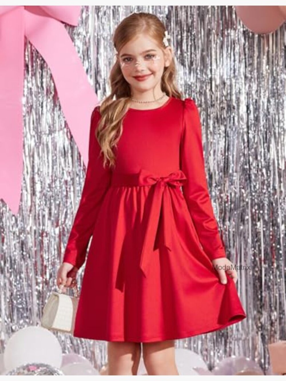 Girls Puff Long Sleeve Formal Party Dress with Pockets - Picture 2 of 7
